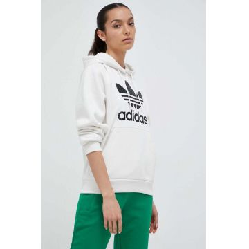 adidas Originals bluza femei, culoarea alb, cu glugă, cu imprimeu