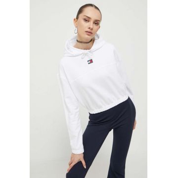 Tommy Jeans bluza femei, culoarea alb, cu glugă, neted