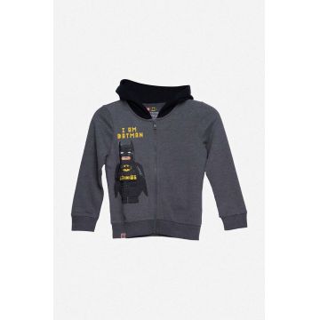 Lego hanorac de bumbac pentru copii culoarea gri, cu glugă, neted, Bluza Lego Wear Full Zip Hoodie 12010642 995