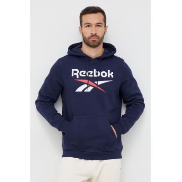 Reebok bluza barbati, culoarea albastru marin, cu glugă, cu imprimeu