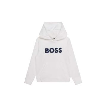 BOSS bluza copii culoarea alb, cu glugă, cu imprimeu