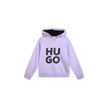 HUGO bluza copii culoarea violet, cu glugă, cu imprimeu