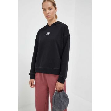 New Balance bluza femei, culoarea negru, cu glugă, cu imprimeu