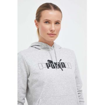 Puma bluza femei, culoarea gri, cu glugă, cu imprimeu