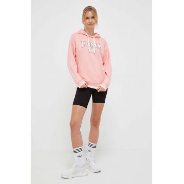 Puma bluza femei, culoarea roz, cu glugă, cu imprimeu