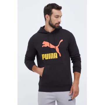 Puma hanorac de bumbac barbati, culoarea negru, cu glugă, cu imprimeu