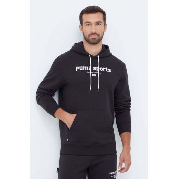 Puma hanorac de bumbac barbati, culoarea negru, cu glugă, cu imprimeu