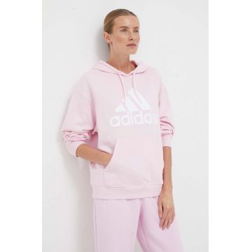 adidas hanorac de bumbac femei, culoarea roz, cu glugă, cu imprimeu