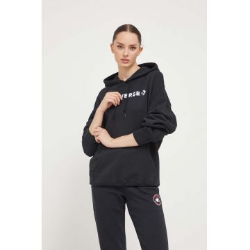 Converse bluza femei, culoarea negru, cu glugă, cu imprimeu