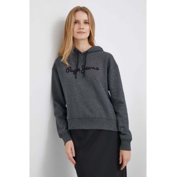 Pepe Jeans bluza Nanette femei, culoarea gri, cu glugă, cu imprimeu