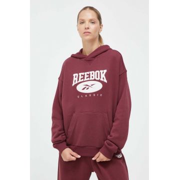 Reebok Classic hanorac de bumbac femei, culoarea bordo, cu glugă, cu imprimeu