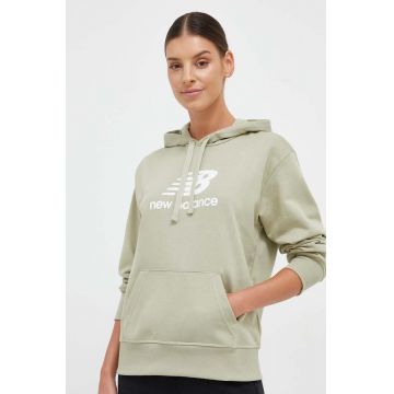 New Balance bluza femei, culoarea verde, cu glugă, cu imprimeu