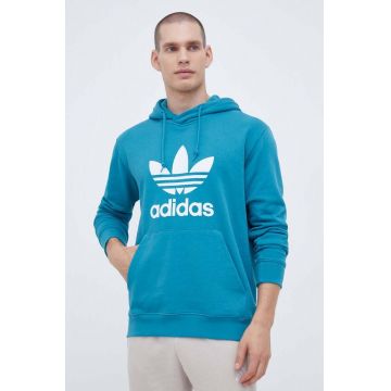 adidas Originals hanorac de bumbac barbati, culoarea turcoaz, cu glugă, cu imprimeu