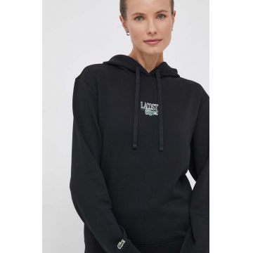 Lacoste bluza femei, culoarea negru, cu glugă, cu imprimeu