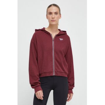 Reebok bluza femei, culoarea bordo, cu glugă, neted