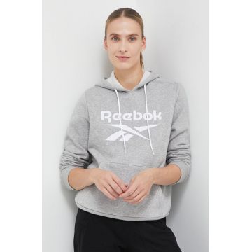 Reebok bluza femei, culoarea gri, cu glugă, cu imprimeu