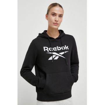 Reebok bluza femei, culoarea negru, cu glugă, cu imprimeu