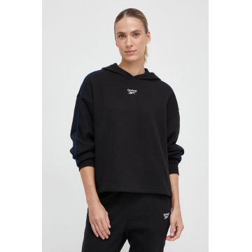 Reebok bluza femei, culoarea negru, cu glugă, neted