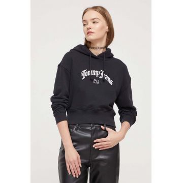 Tommy Jeans hanorac de bumbac femei, culoarea negru, cu glugă, cu imprimeu