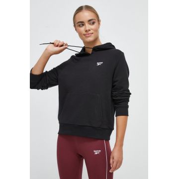 Reebok bluza femei, culoarea negru, cu glugă, neted