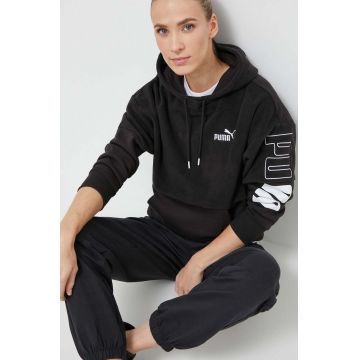 Puma bluza femei, culoarea negru, cu glugă, cu imprimeu