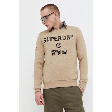 Superdry bluza barbati, culoarea bej, cu imprimeu