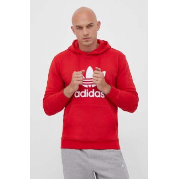 adidas Originals hanorac de bumbac Classics Trefoil Hoodie bărbați, culoarea roșu, cu glugă, cu imprimeu IM4497