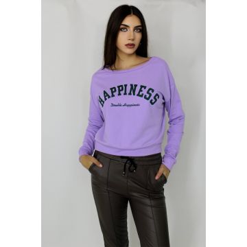 Bluza sport Happiness, bumbac, guler rotund si imprimeu motivational, Lila, Marime universala S/M