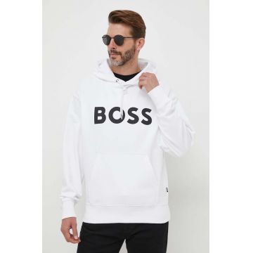 BOSS hanorac de bumbac bărbați, culoarea alb, cu glugă, imprimeu 50496661