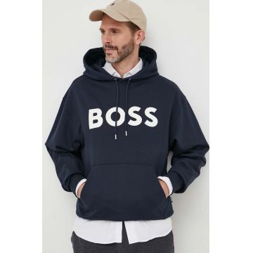 BOSS hanorac de bumbac bărbați, culoarea bleumarin, cu glugă, imprimeu 50496661