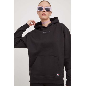 Tommy Jeans hanorac de bumbac femei, culoarea negru, cu glugă, imprimeu DW0DW17329