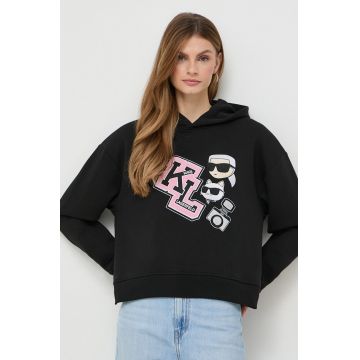 Karl Lagerfeld bluza femei, culoarea negru, cu glugă, cu imprimeu