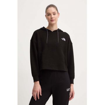 The North Face bluză Mhysa femei, culoarea negru, cu glugă, cu imprimeu, NF0A853WJK31