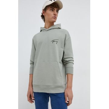 Tommy Jeans hanorac de bumbac bărbați, culoarea verde, cu glugă, imprimeu DM0DM17990