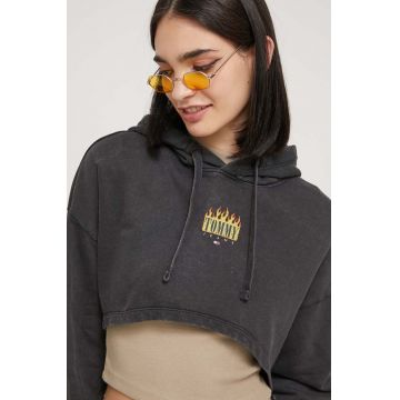 Tommy Jeans hanorac de bumbac femei, culoarea gri, cu glugă, cu imprimeu