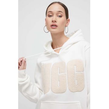 UGG bluza femei, culoarea alb, cu glugă, cu imprimeu