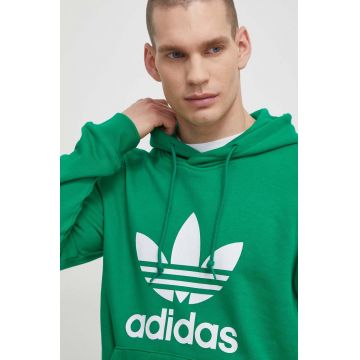 adidas Originals hanorac de bumbac Adicolor Classics Trefoil barbati, culoarea verde, cu glugă, cu imprimeu, IM9403