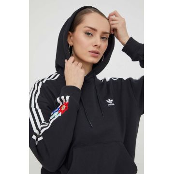 adidas Originals hanorac de bumbac femei, culoarea negru, cu glugă, cu imprimeu IU2515