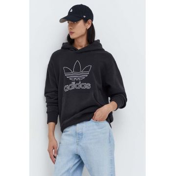 adidas Originals hanorac de bumbac Trefoil Hoodie bărbați, culoarea negru, cu glugă, cu imprimeu, IU2373