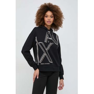 Armani Exchange bluza femei, culoarea negru, cu glugă, cu imprimeu