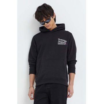 Tommy Jeans bluză bărbați, culoarea negru, cu glugă, imprimeu DM0DM18860