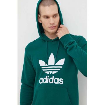 adidas Originals hanorac de bumbac Adicolor Classics Trefoil barbati, culoarea verde, cu glugă, cu imprimeu, IM9407