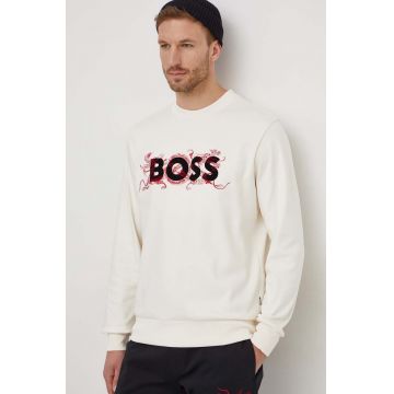 BOSS hanorac de bumbac bărbați, culoarea bej, cu imprimeu 50510132