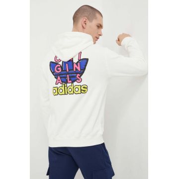 adidas Originals hanorac de bumbac bărbați, culoarea bej, cu glugă, cu imprimeu IS2916