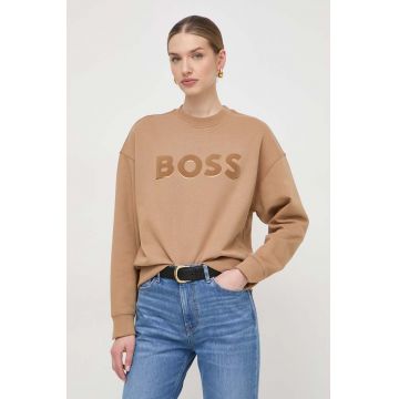 BOSS hanorac de bumbac femei, culoarea bej, cu imprimeu 50508499