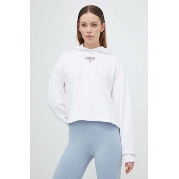 Tommy Jeans bluză femei, culoarea alb, cu glugă, imprimeu DW0DW17797