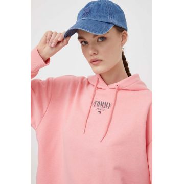 Tommy Jeans bluză femei, culoarea roz, cu glugă, imprimeu DW0DW17797