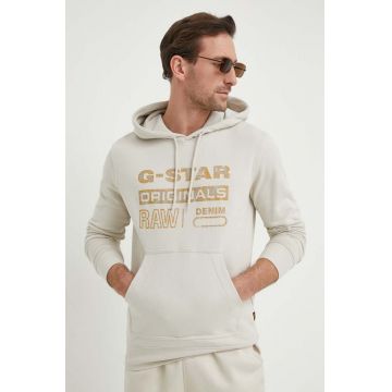 G-Star Raw hanorac de bumbac barbati, culoarea bej, cu glugă, cu imprimeu