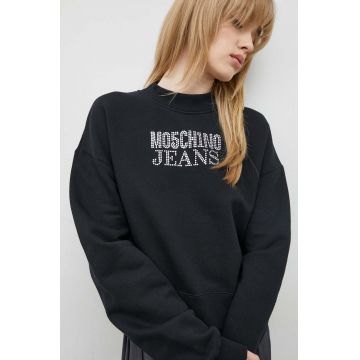 Moschino Jeans hanorac de bumbac femei, culoarea negru, cu imprimeu