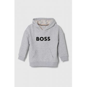 BOSS bluza copii culoarea gri, cu glugă, cu imprimeu